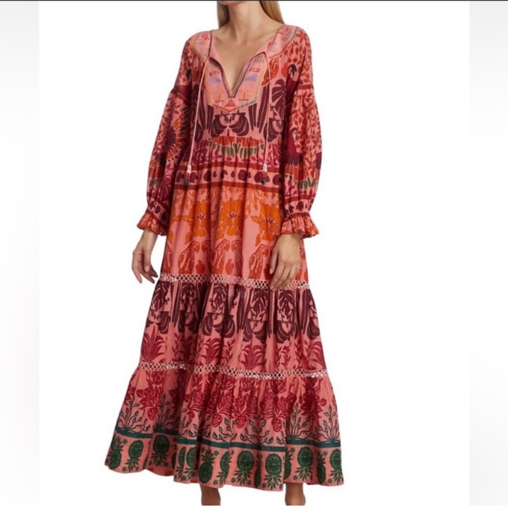 Farm Rio AINIKA PRINT MACAWS MAXI DRESS Tiered Boho Tropical Multicolor pink